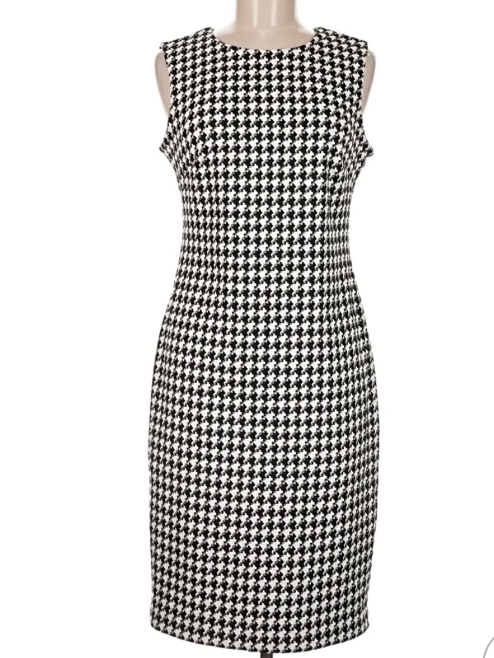 Calvin Klein Black and White Houndstooth Midi Sheath Dress